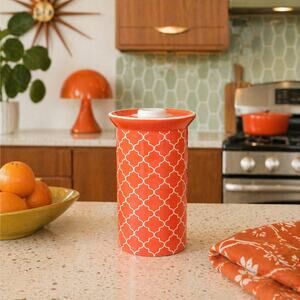 JONATHAN ADLER Happy Chic Canister Orange Lattice Ceramic Jar Mid Century Modern
